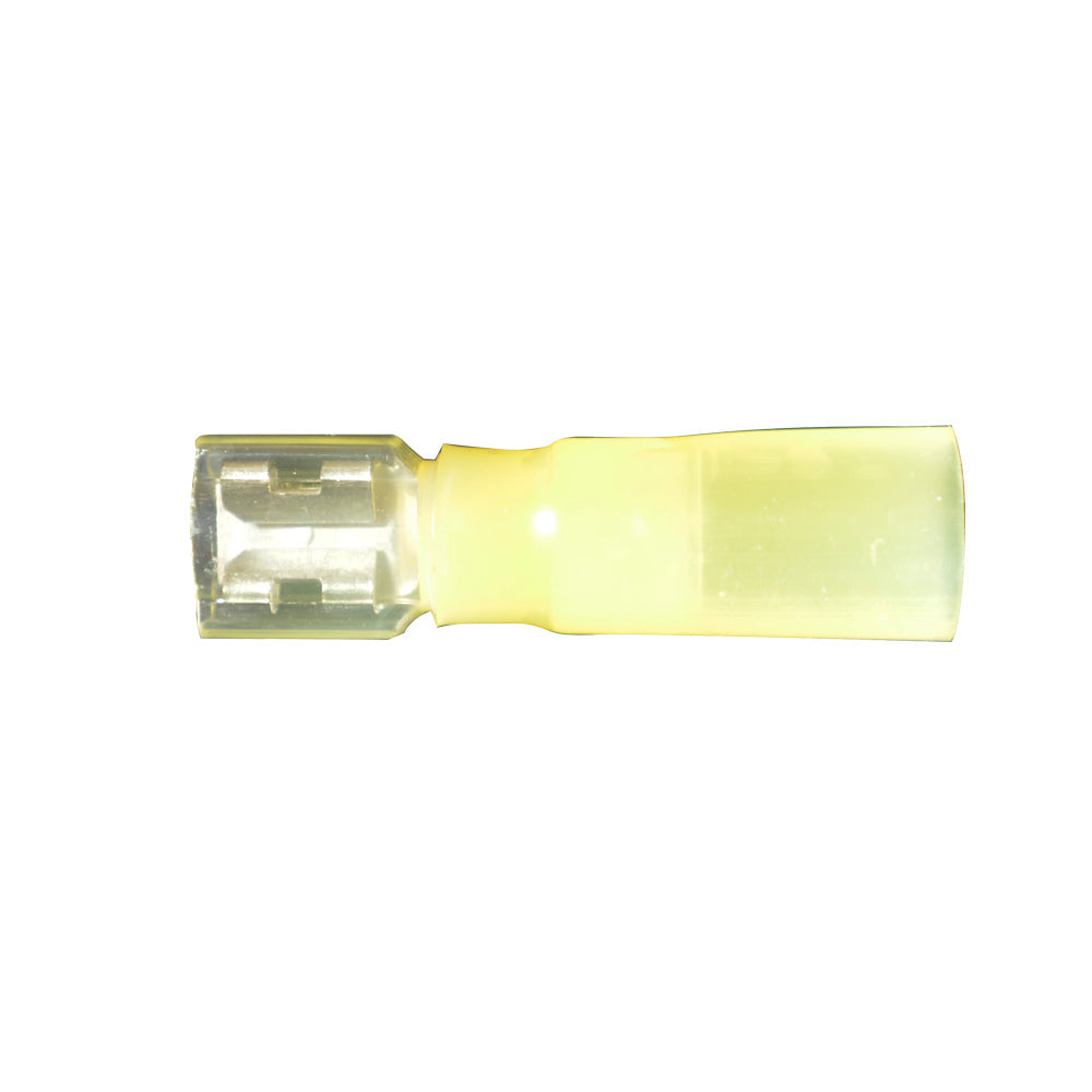 Heat Shrink - Insulated Terminals- Quick Disconnect Color: Lt. Yellow Wire Size: 12-10. (Female) Stud Size: .250 x .032