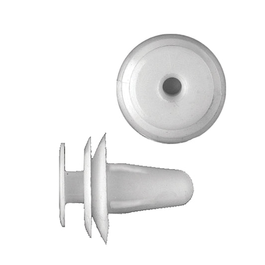 Natural nylon door panel trim retainer clips with round head and tapered stem, shown from top and side views — DYN-6087