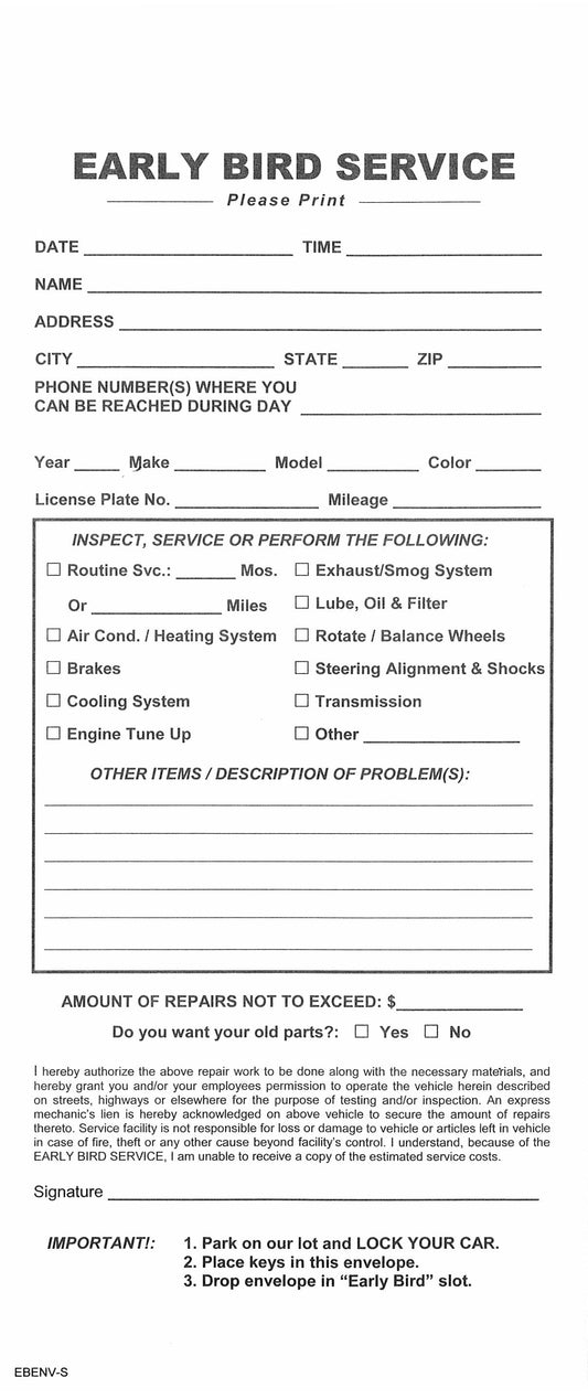 Early Bird Vehicle Service Envelope Forms | Qty: Box of 100