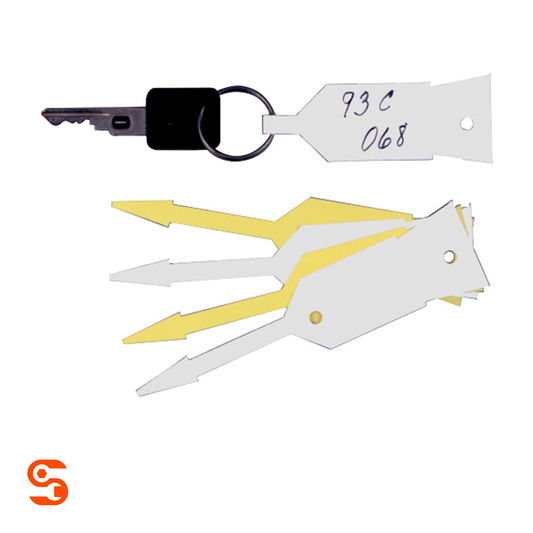 Vinyl vehicle key ring tags in white and yellow, shown attached to keys with metal split rings