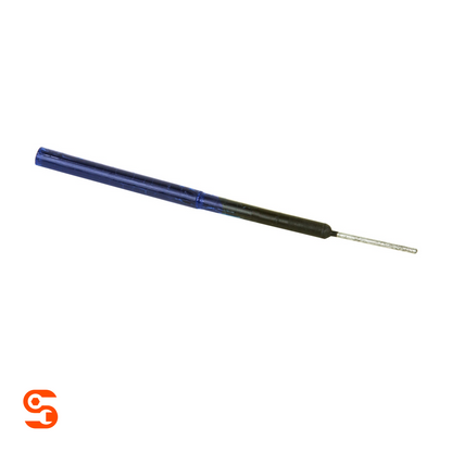 Blue and black wire-dipped stem insert with a silver metal tip on a white background