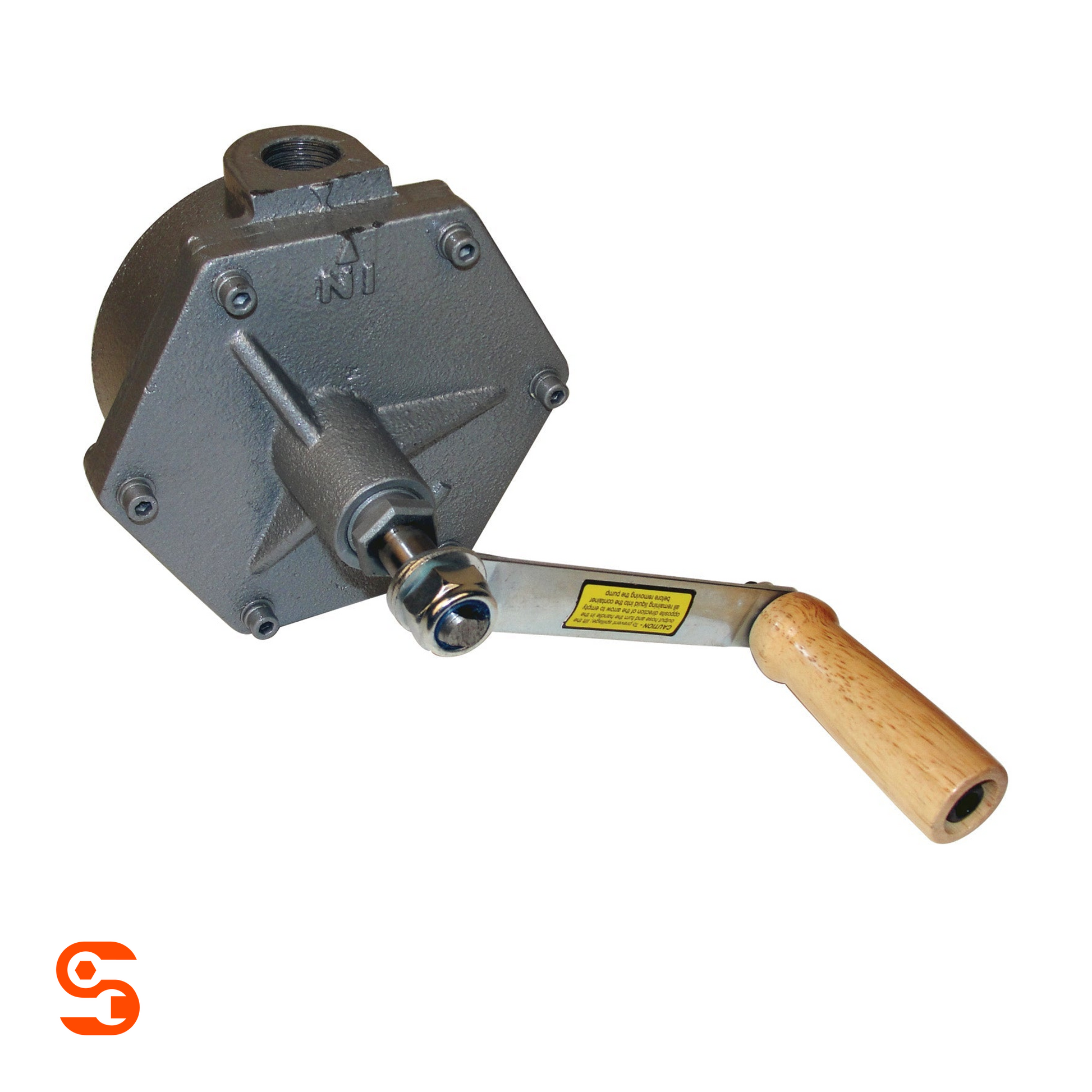 Gray metal rotary pump assembly with threaded port, bolts, and attached handle for oil drain replacement