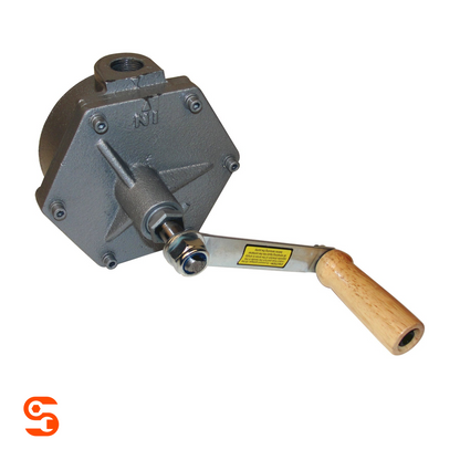 Gray metal rotary pump assembly with threaded port, bolts, and attached handle for oil drain replacement