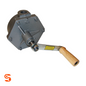 Gray metal rotary pump assembly with threaded port, bolts, and attached handle for oil drain replacement