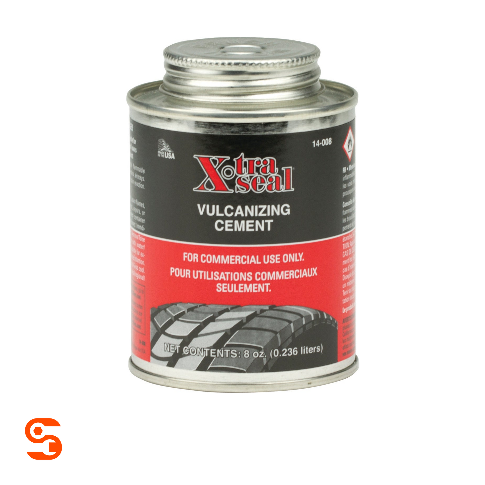Xtra Seal vulcanizing cement in an 8 oz metal can with black and red label