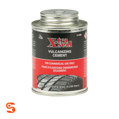 Xtra Seal vulcanizing cement in an 8 oz metal can with black and red label