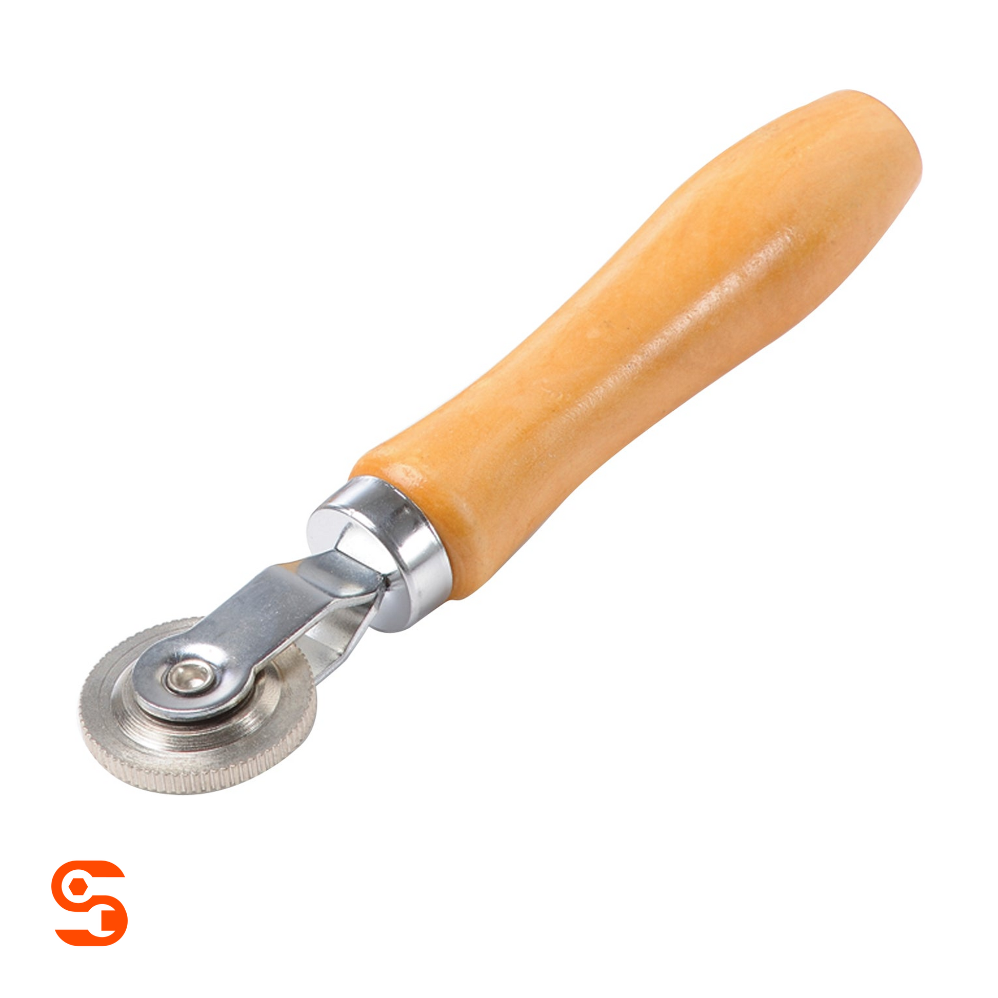 Wooden-handled stitcher with metal wheel and polished metal frame on a white background
