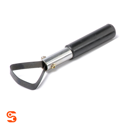 Inner liner scraper with black handle, silver metal shaft, screws, and triangular serrated scraping blade