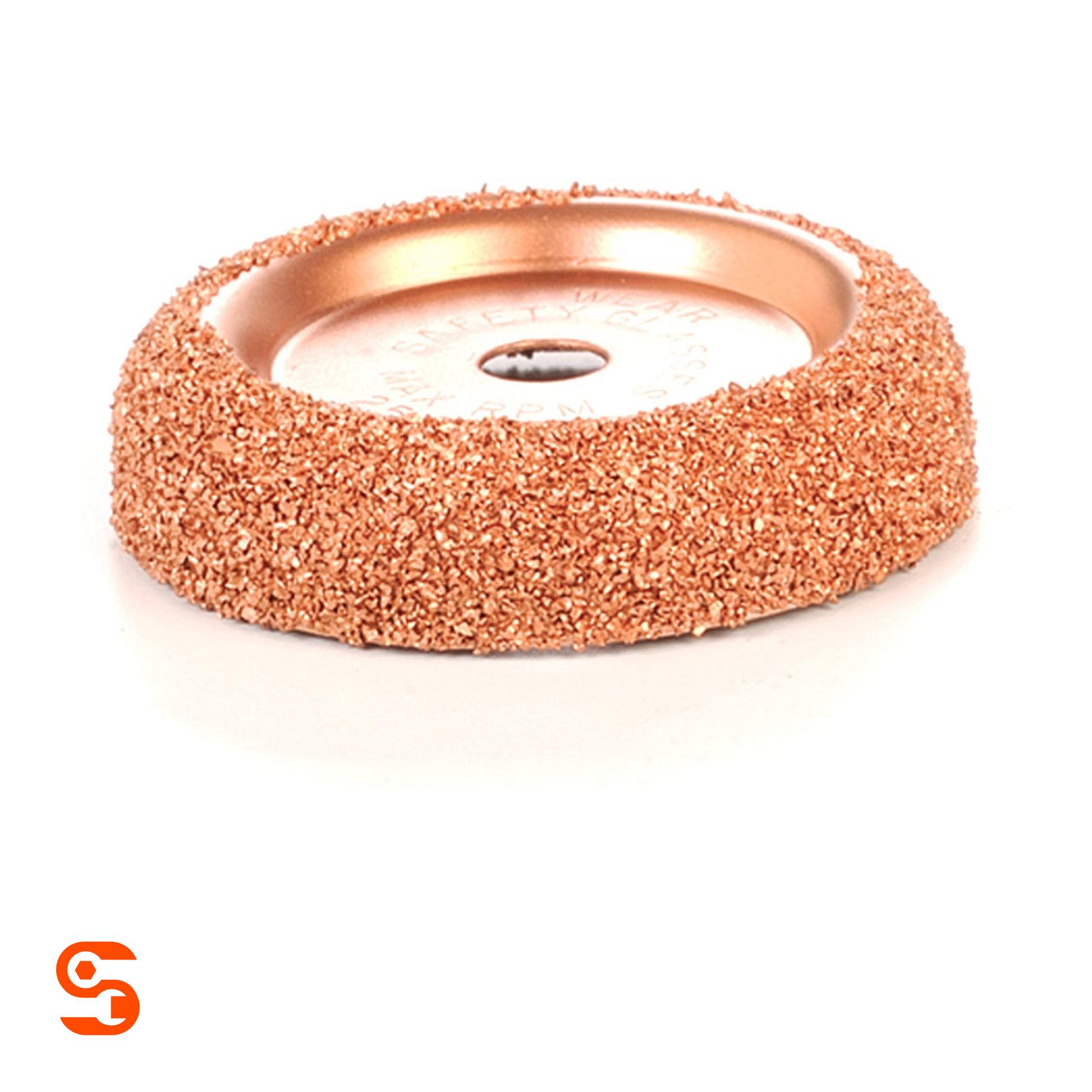 Copper-colored 2-1/2 inch light-duty buffing wheel with textured abrasive rim and center mounting hole