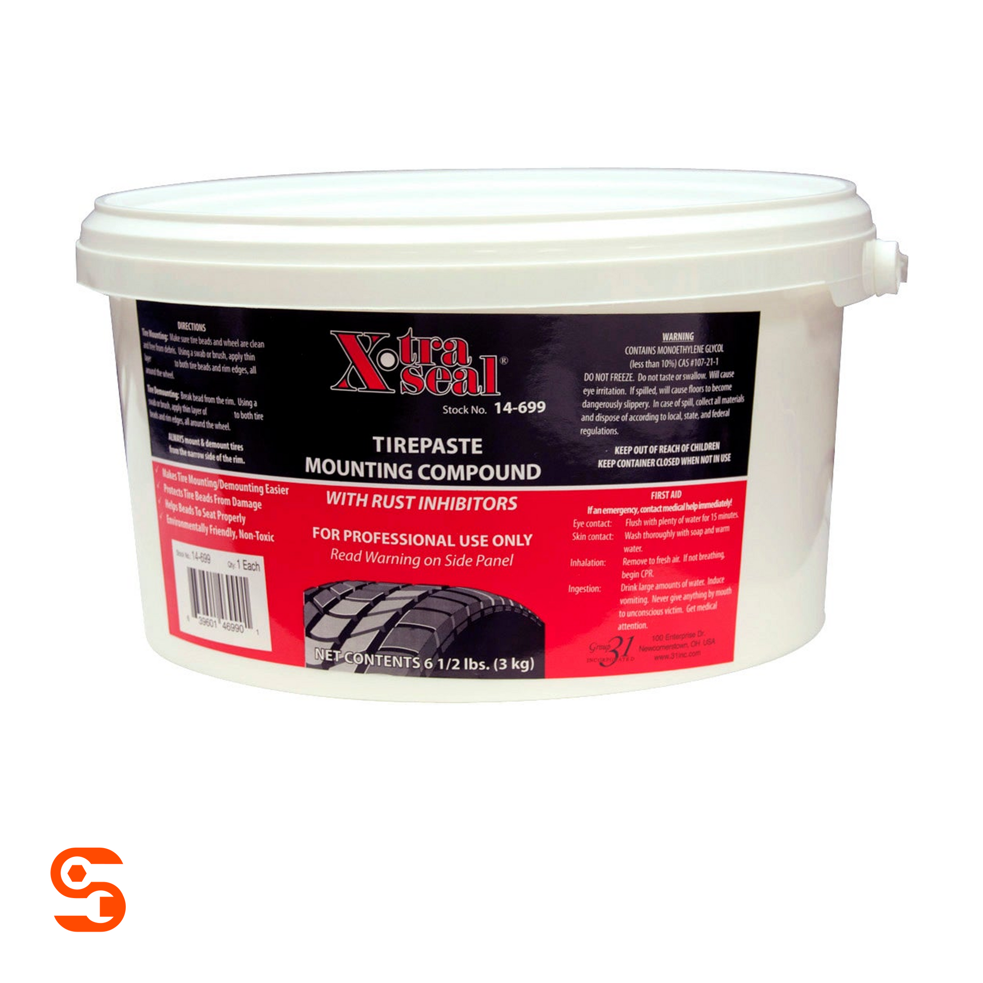 White 6-1/2 lb tub of X-tra Seal tire paste mounting compound with red and black label