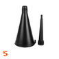 Black threaded oil drain funnel accessory with large cone funnel and smaller extension piece, two parts
