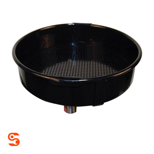 Black steel centered oil drain funnel with perforated screen and bottom drain outlet