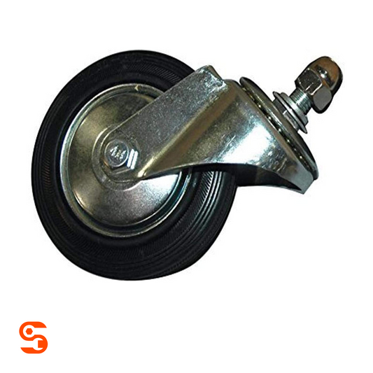 Heavy-duty 4 inch swivel caster wheel with black rubber tire, metal bracket, bolt, washers, and nut
