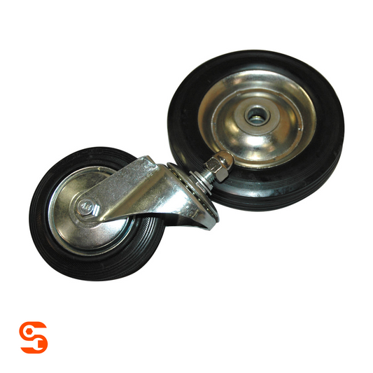 Two black 4-inch swivel castor wheels with shiny metal brackets and threaded mounting stems