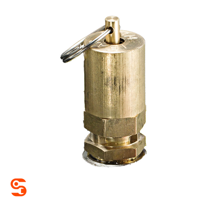 Brass pop-off valve replacement part with cylindrical body, hex fittings, and metal pull ring
