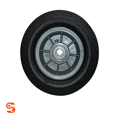 Black 8 inch steel replacement wheel with gray metal hub and rubber tire tread for fuel caddy