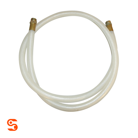 Coiled translucent braided evacuation hose with brass fittings on both ends
