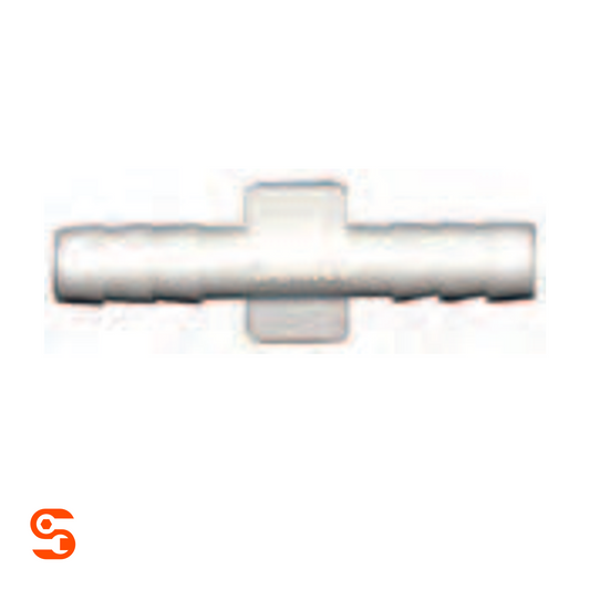 White plastic restrictor vacuum connector with inline barbed ends and center tab, box of 10