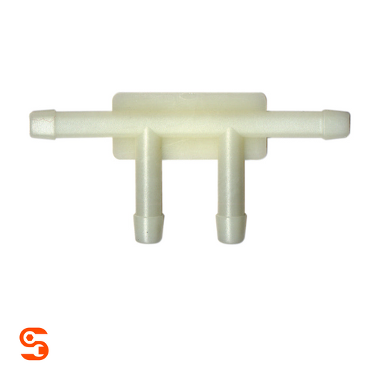 White plastic four-way tee vacuum connector with ribbed hose ends, box of 10