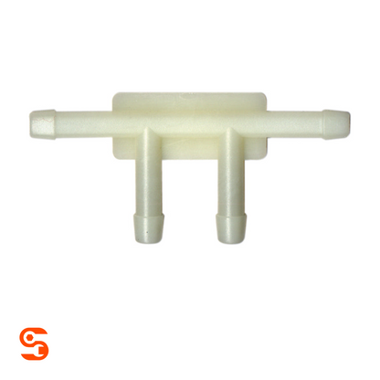 White plastic four-way tee vacuum connector with ribbed hose ends, box of 10