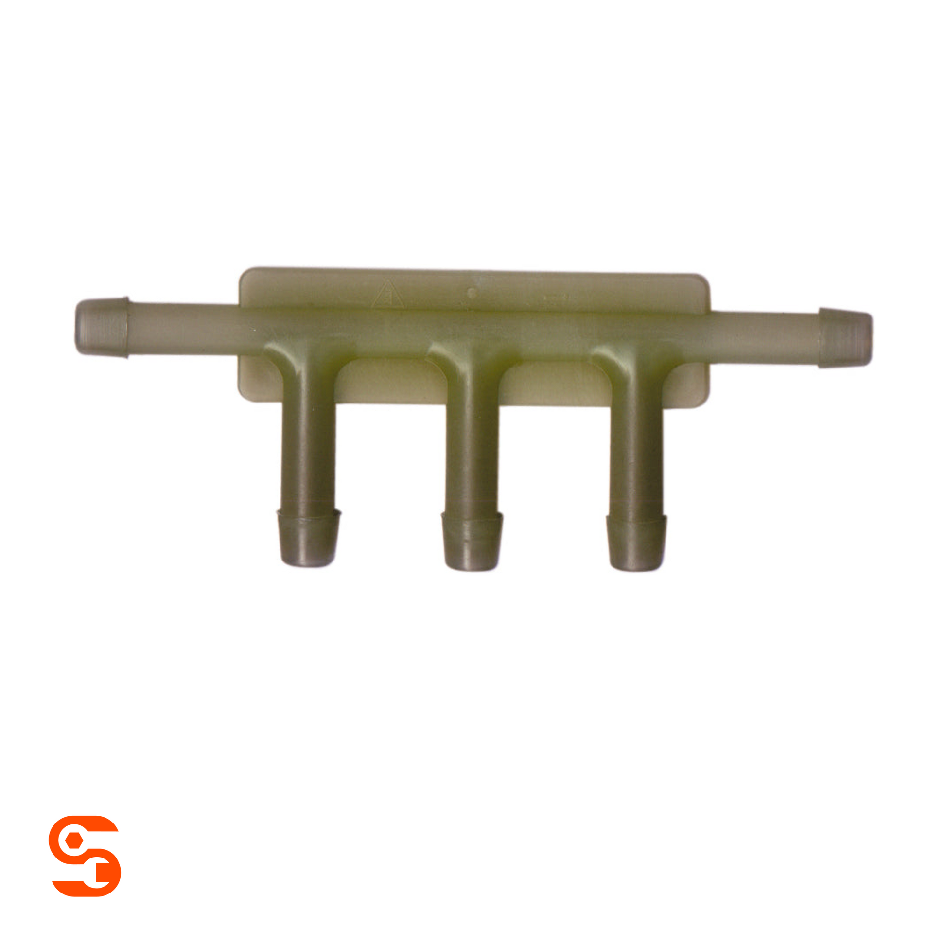 Olive plastic five-way tee vacuum connector with three downward ports and two side tube ends, box of 10