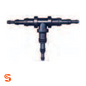 Black plastic breakaway tee vacuum connector with stepped barbed ends, sold as box of 10