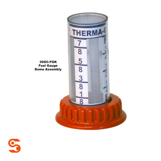 Fuel dome gauge assembly with clear cylindrical gauge, white number scale and orange ribbed base
