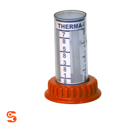 Fuel dome gauge assembly with clear cylindrical gauge, white number scale and orange ribbed base