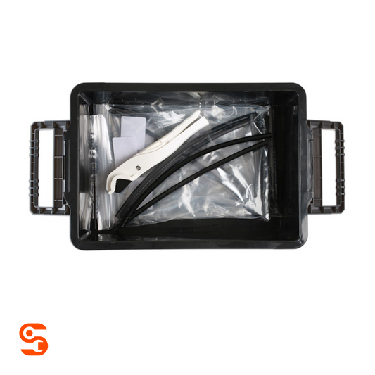 Assorted fuel line and connector kit in a black plastic tray with clear bags, black hoses, and white tool
