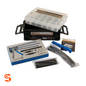 Assorted fuel line connector kit with black case, clear organizer, blue tool, hoses, fittings and foam tray