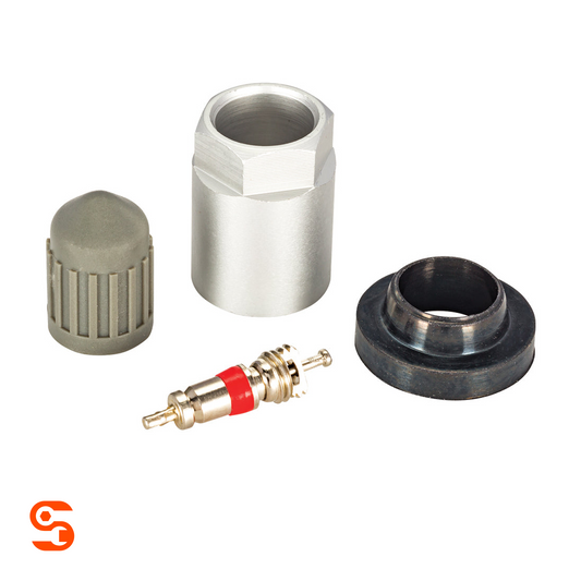 TPMS service kit with metal valve core, silver collar, black rubber seal and grey cap on white background