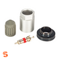 TPMS service kit with metal valve core, silver collar, black rubber seal and grey cap on white background