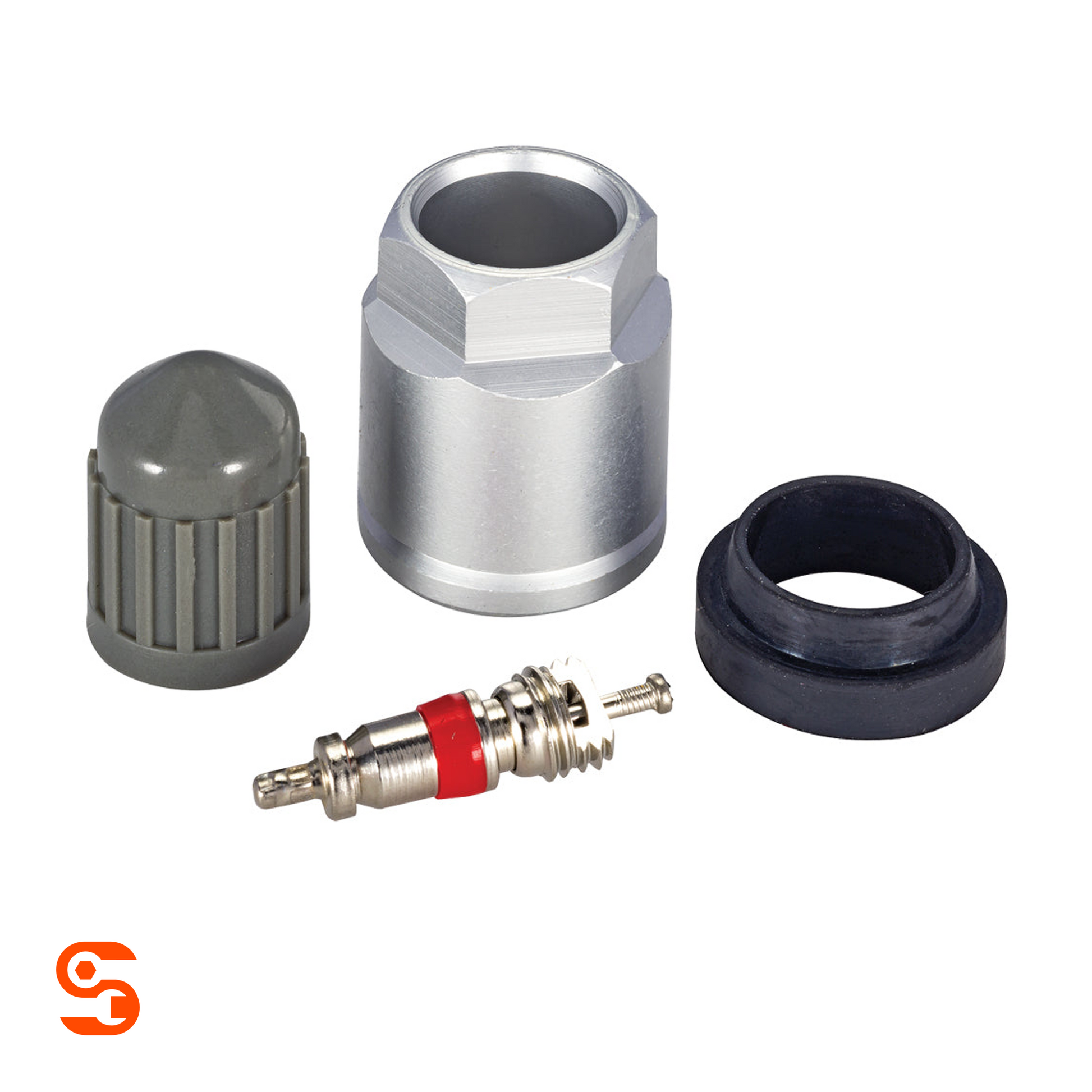 TPMS service kit with metal valve stem, silver nut, black grommet, and gray cap for Ford, Lincoln, Mercury, Mercedes-Benz