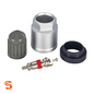 TPMS service kit with metal valve stem, silver nut, black grommet, and gray cap for Ford, Lincoln, Mercury, Mercedes-Benz