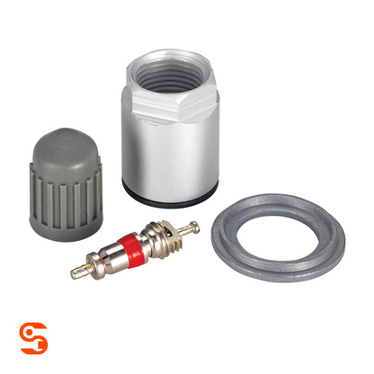 TPMS service kit with silver metal valve stem parts, grey cap, red-banded core, and washer on white background