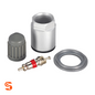 TPMS service kit with silver metal valve stem parts, grey cap, red-banded core, and washer on white background
