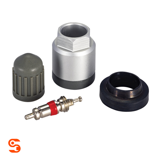TPMS service kit with silver metal valve stem, gray cap, black grommet, and metal collar on white background