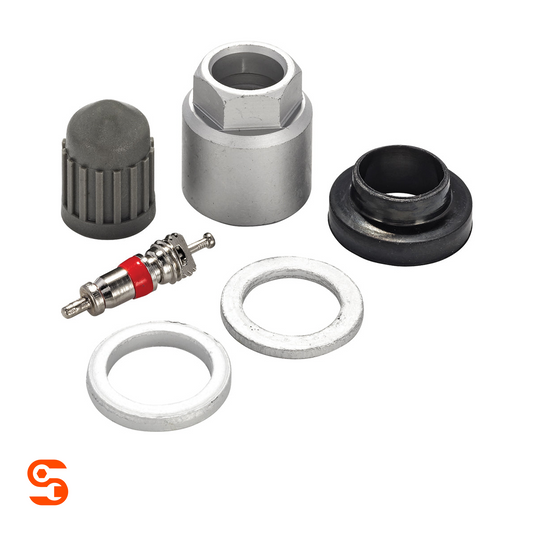 TPMS service kit with metal valve stem, black and grey caps, hex nut, rubber grommet, and two washers