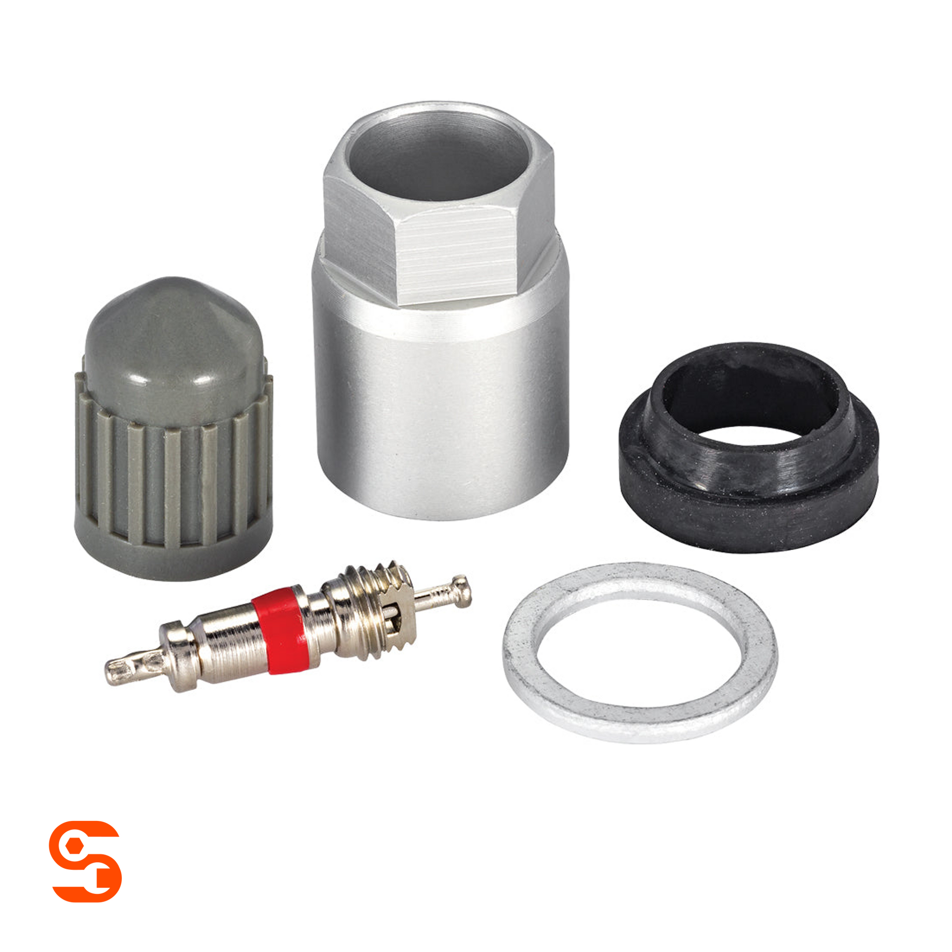 TPMS service kit with metal valve core, silver nut and washer, black seal, and gray cap on white background