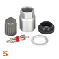 TPMS service kit with metal valve core, silver nut and washer, black seal, and gray cap on white background