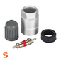 TPMS service kit with silver valve stem body, black rubber grommet, grey cap, and metal valve core