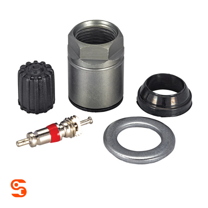 TPMS service kit with metal valve stem, black cap, rubber grommet, washer, and threaded nut for Audi and Volkswagen