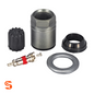TPMS service kit with metal valve stem, black cap, rubber grommet, washer, and threaded nut for Audi and Volkswagen