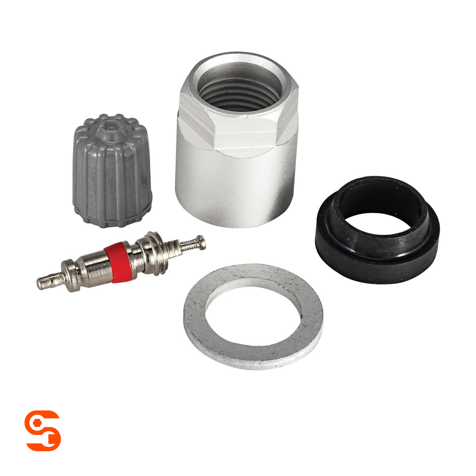 TPMS service kit with metal valve stem, gray cap, silver nut and washer, and black rubber seal