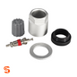 TPMS service kit with metal valve stem, gray cap, silver nut and washer, and black rubber seal