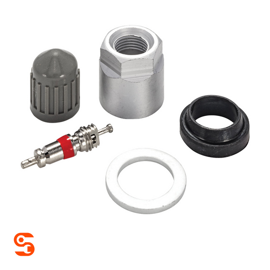 TPMS service kit with gray cap, metal nut, valve core, black rubber grommet, and white washer