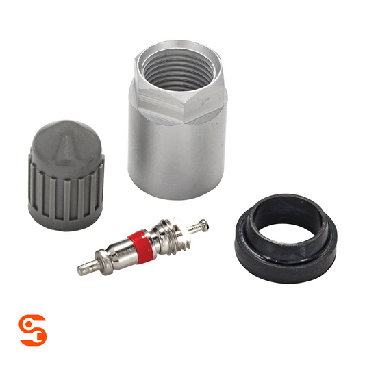 TPMS service kit with metal valve core, silver nut, black rubber grommet, and gray plastic valve cap