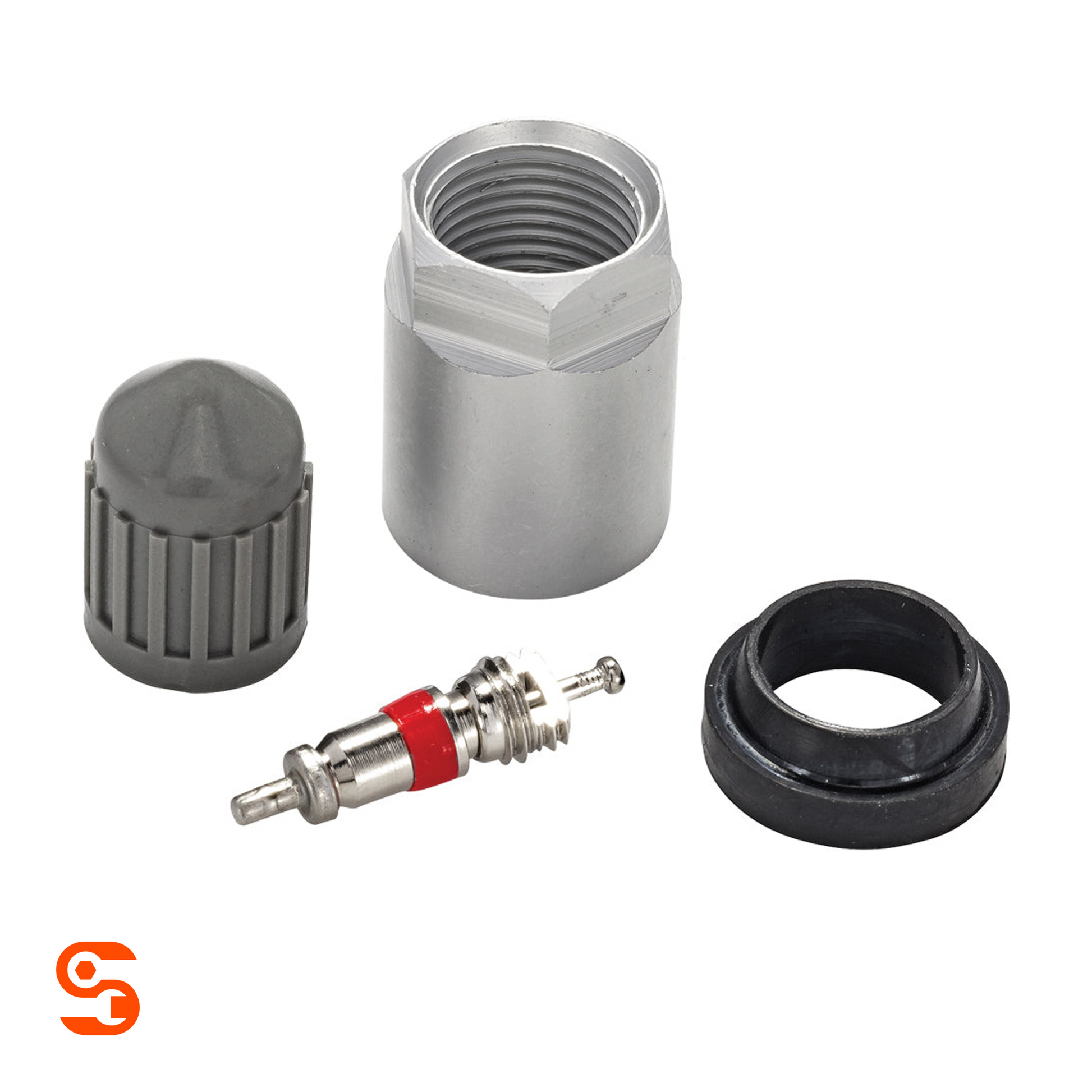 TPMS service kit with metal valve core, silver nut, black rubber grommet, and gray plastic valve cap
