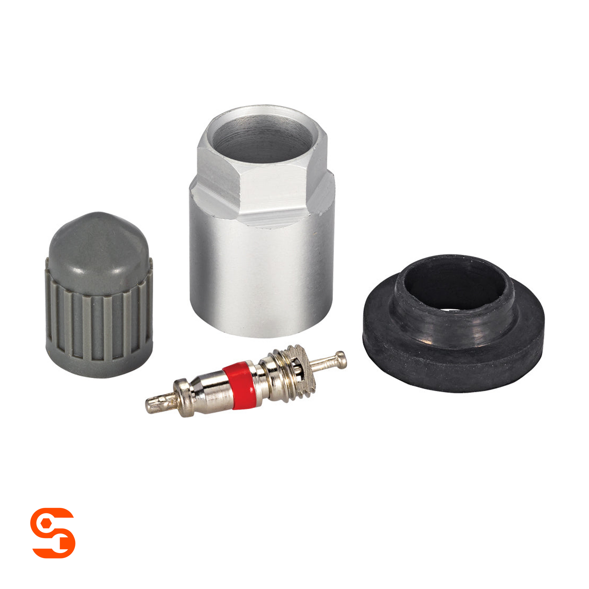 TPMS service kit with metal valve core, silver nut, black rubber grommet and gray plastic cap
