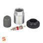 TPMS service kit with metal valve core, silver nut, black rubber grommet and gray plastic cap